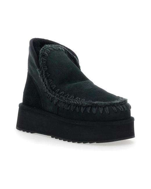 Mou Black Schwarze lammfell-winterstiefel, runde zehenkappe