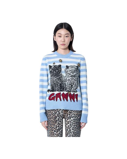 Ganni Blue Grafischer Wollmischpullover