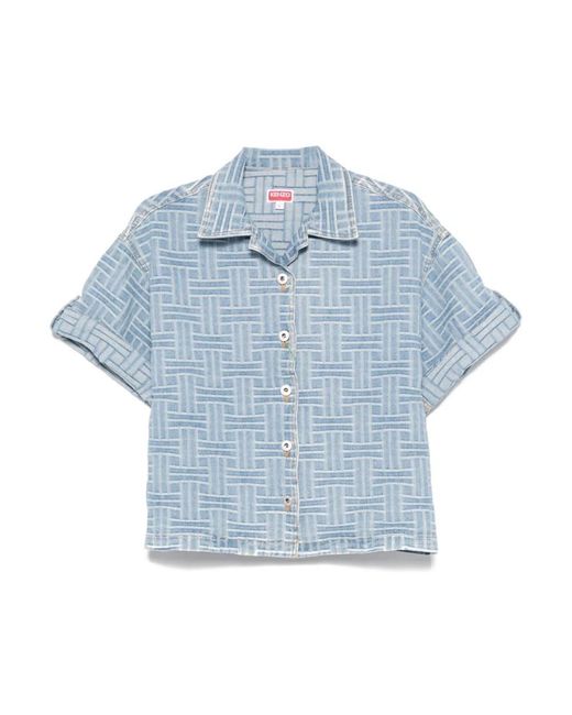 KENZO Overhemden ,Blauw ,Katoen Overhemd Met Korte Mouwen En Knoopsluiting in het Blue