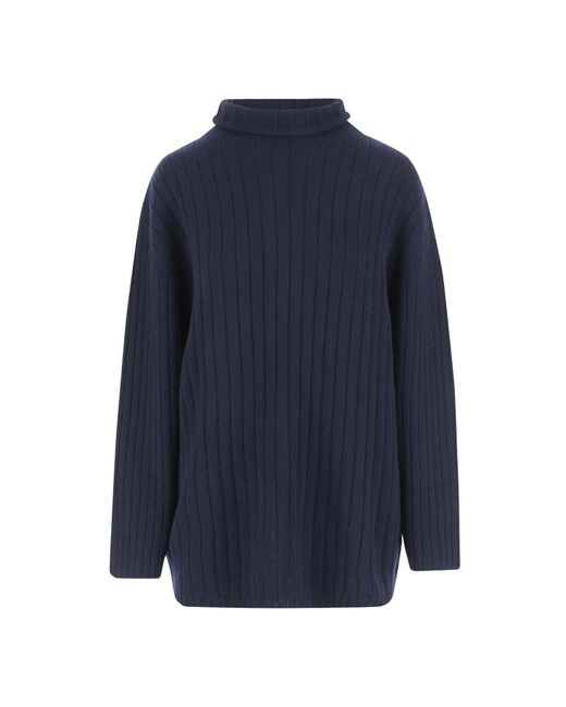 Aspesi Blue Marine Gestreifter Woll Hoher Hals Pullover