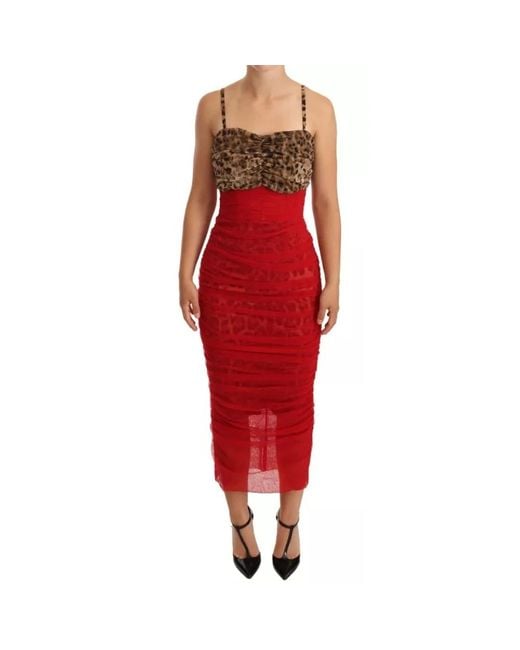 Dolce & Gabbana Red Leopard Rotes Tüll Sheath Midi Kleid