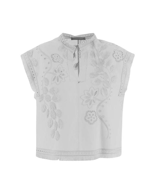 Alberta Ferretti Gray Ärmellose Top Mit Stehkragen Und Fransen