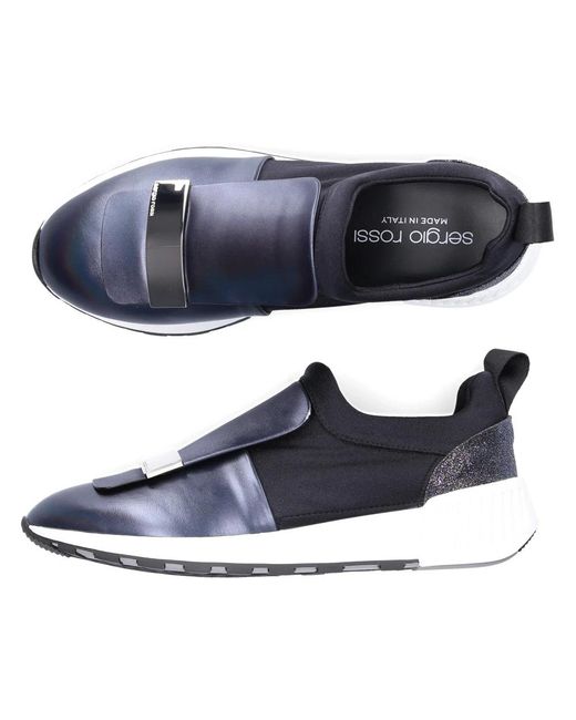 Sergio Rossi Blue Slip-on Sr1running Calfskin Polyamide Glitter Logo Black