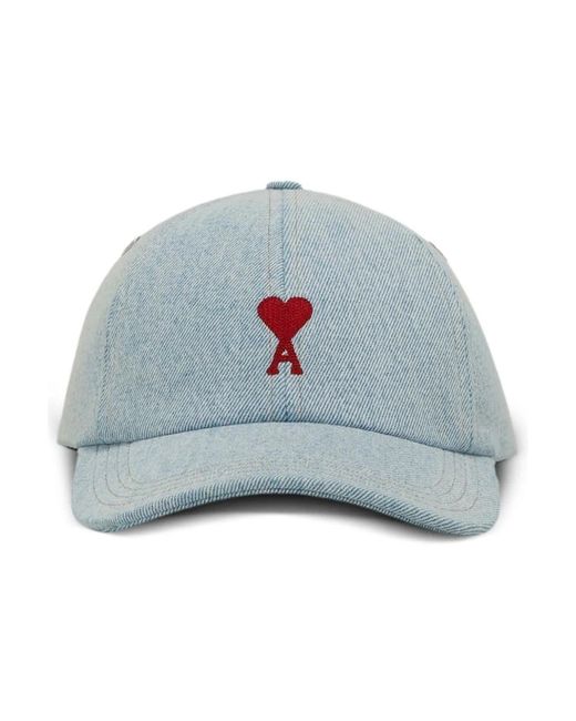AMI Bestickte rote logo denim mütze in Blue für Herren