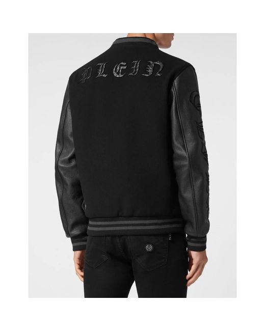 Philipp Plein Jassen ,Zwart ,Wol Wool College Bomber Met Leren Mouwen in het Black voor heren