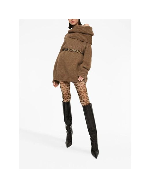 Dolce & Gabbana Brown Geripptes off-shoulder-kleid,oversized llama sweater mit maxi-kragen