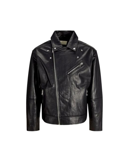 Jack & Jones Jassen ,Zwart ,Leer Zwarte Leren Motorjas in het Black voor heren