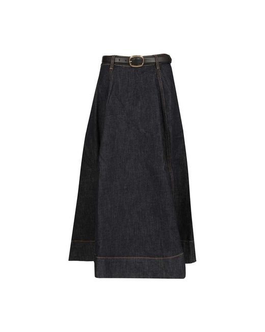 Self-Portrait Flared Denim Midi Rok in het Black