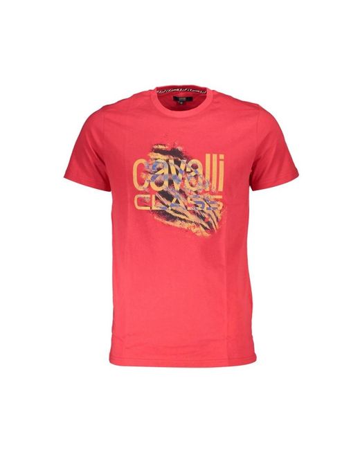 Roberto Cavalli Tops ,Rood ,Katoen Rode Katoenen T-Shirt Met Print Logo in het Pink voor heren