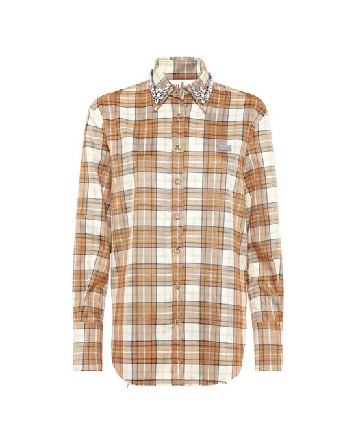 Philipp Plein Overhemden ,Bruin ,Polyester Checked Oversize Shirt Ls Strass Flame in het Natural