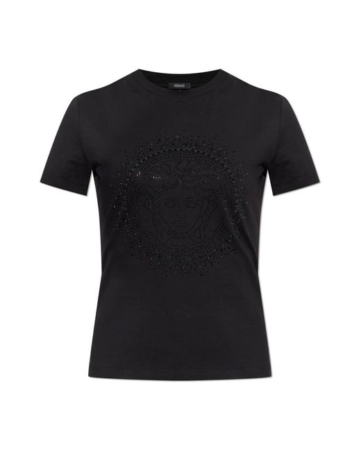 Versace Tops ,Zwart ,Katoen T-Shirt Met Kristallen in het Black