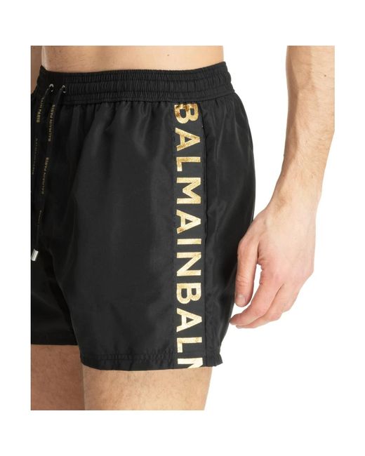 Balmain Badeshorts mit kordelzug einfarbiges logo taschen in Black für Herren