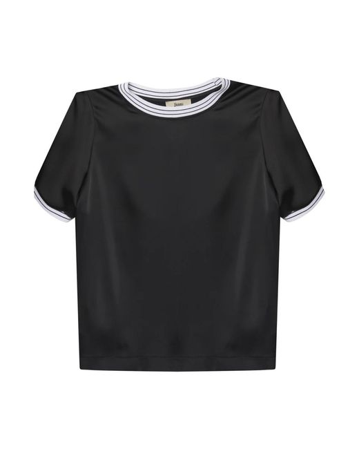 T-shirt in satin nero con bordini a contrasto di Herno in Black