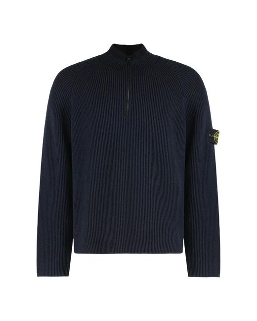 Stone Island Truien & Vesten ,Blauw ,Katoen Vanisé Half-Zip Trui Met Volledige Ribstructuur in het Blue voor heren