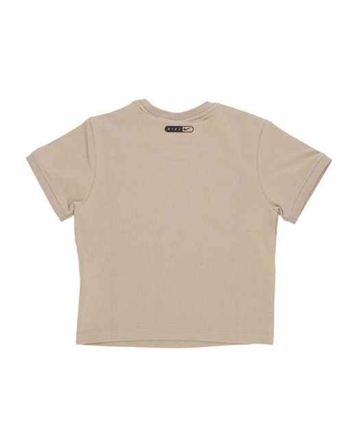 Nike Fitness ,Bruin ,Katoen Swoosh Logo Cropped T-Shirt Khaki in het Natural
