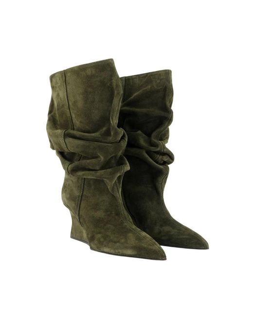 Balmain Green Draped Suede Wedge Ankle Boots