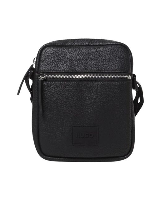 HUGO Schwarze Leder Crossbody Schultertasche in Black für Herren