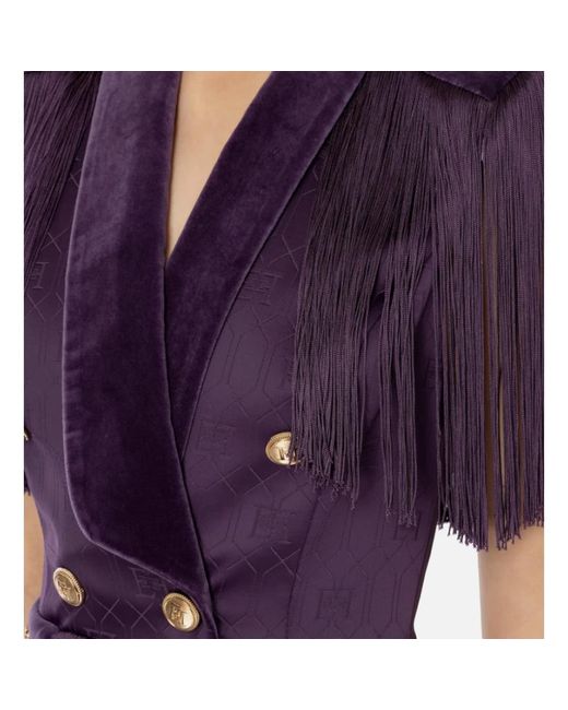 Elisabetta Franchi Purple Doppelreihiges fransenkleid aus jacquard-satin