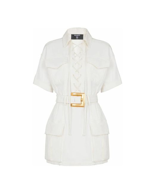 Balmain Kleedjes ,Wit ,Katoen Korte Vetersluiting Canvas Jurk in het White