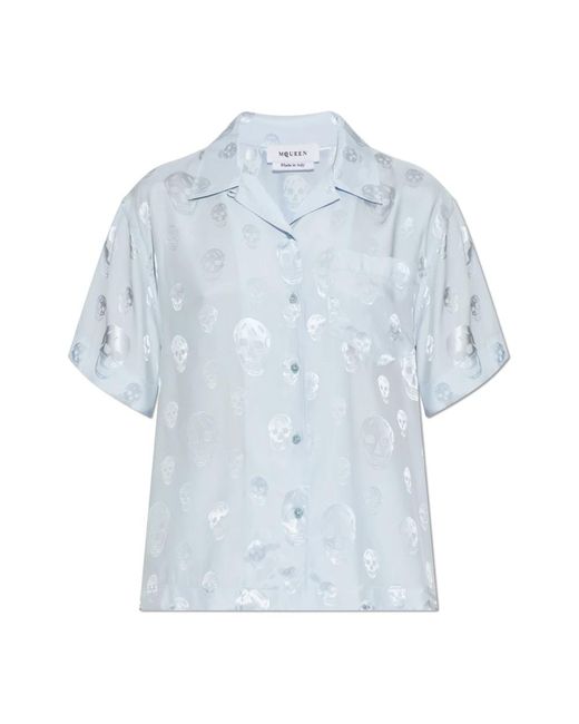 McQueen Overhemden ,Blauw ,Satijn Skull Print Hawaiian Shirt in het Blue