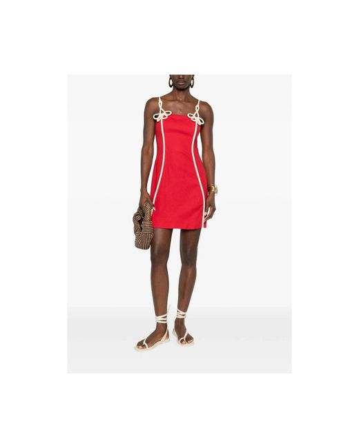 Farm Rio Red Dress With Flower Detail And Piped Trims