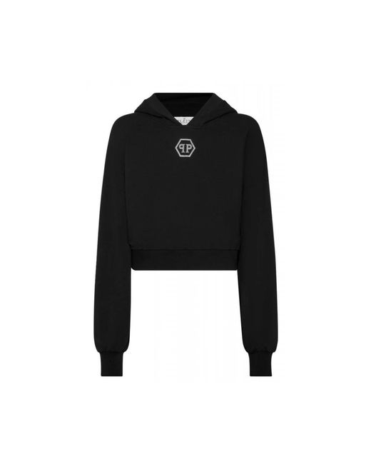 Philipp Plein Hoodies & Sweatvesten ,Zwart ,Katoen Cropped Crystal Hexagon Logo Hoodie in het Black