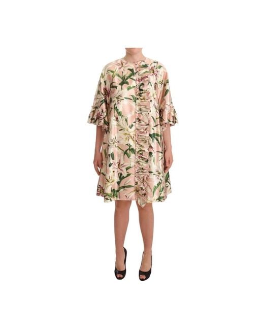 Elegante floreale increspato cappotto lungo in seta di Dolce & Gabbana in Natural