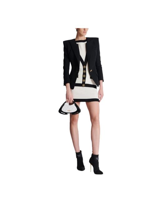 Balmain Kleedjes ,Polyester Tweekleurige Gebreide Jurk Met Nep Vestontwerp in het Black