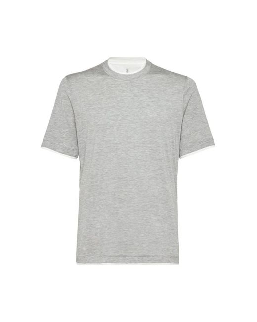 T-shirt in seta-cotone a strati con girocollo di Brunello Cucinelli in Gray da Uomo