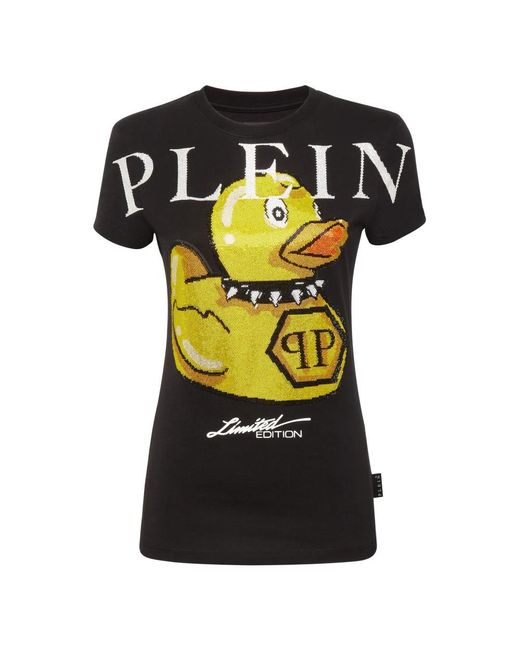 Philipp Plein T-Shirt Ronde Hals Pp Duck Met Kristallen in het Black