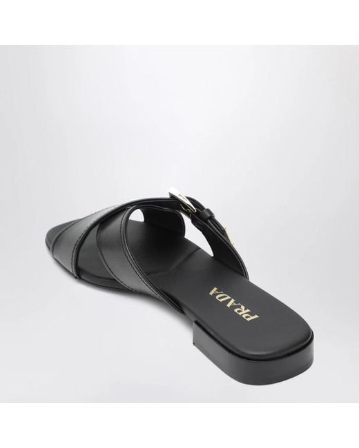 Prada Black Leather Slider Sandals With Buckle