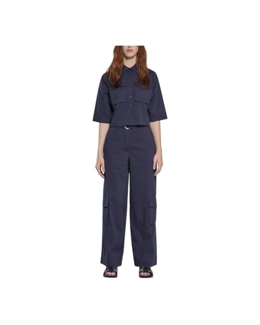 Bomboogie Overhemden ,Blauw ,Katoen Blauw Katoenen Stretch Shirt Met Opgezette Zakken in het Blue