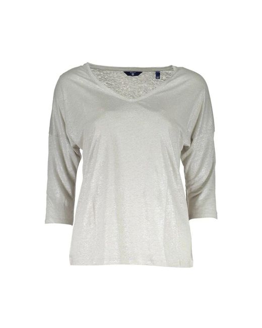 Gant Gray Grauer Leinen Damen Pullover V-Ausschnitt