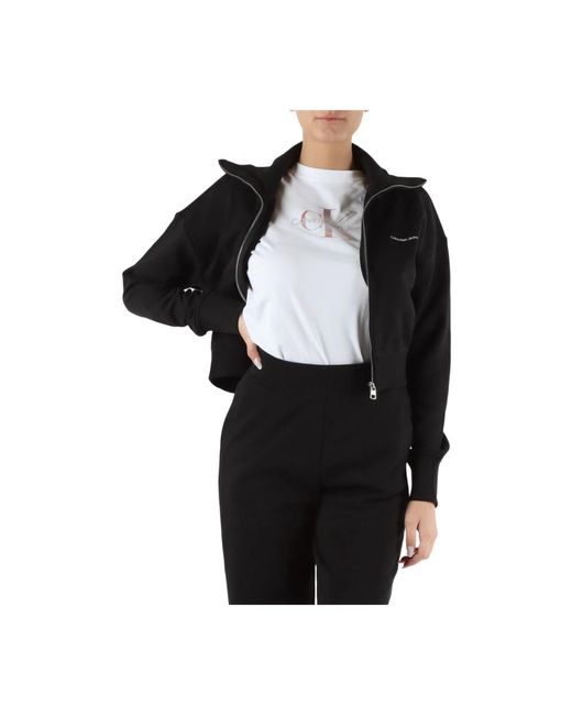 Calvin Klein Black Gekürzter baumwoll-sweatshirt mit reißverschluss