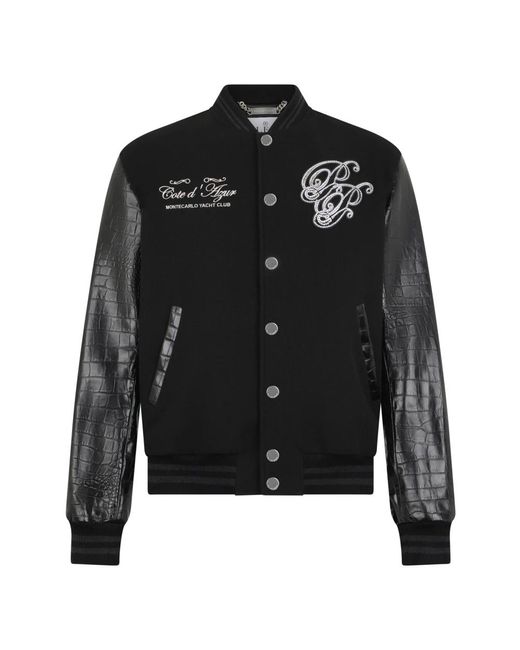 Philipp Plein Jassen ,Zwart ,Wol Varsity Bomber Jacket Teddy Racer in het Black voor heren