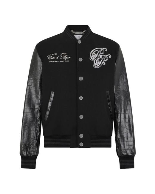 Philipp Plein Jassen ,Zwart ,Wol Varsity Bomber Jacket Teddy Racer in het Black voor heren