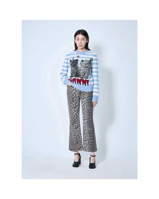 Ganni Blue Grafischer Wollmischpullover