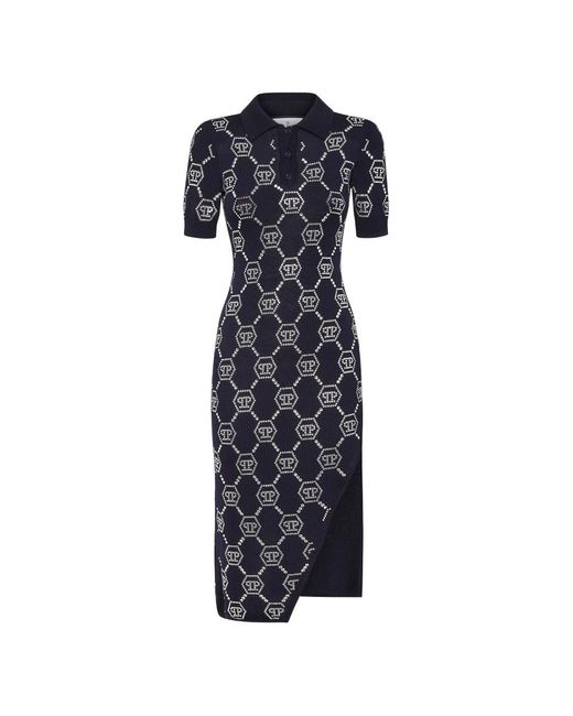 Philipp Plein Kleedjes ,Blauw ,Knit Dress Monogram in het Blue