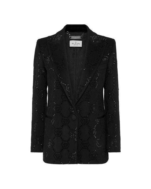Philipp Plein Jassen ,Zwart ,Wol Wool Boxy Blazer Strass Monogram in het Black