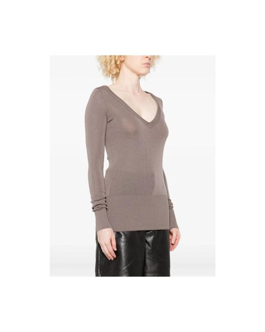 Lemaire Brown Taupe V-Ausschnitt Pullover Mit Gerippten Details