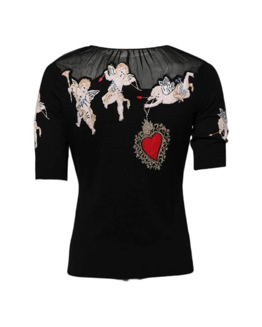 Dolce & Gabbana Black Sacred Heart Embroidered Crewneck Top