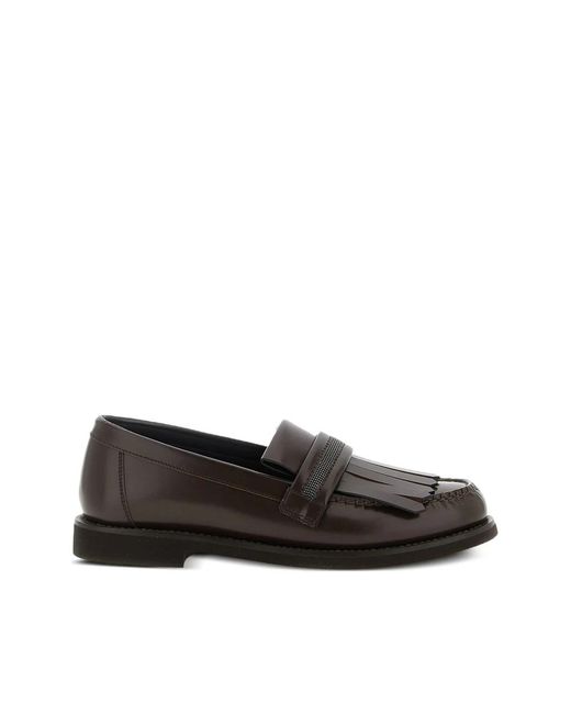 Brunello Cucinelli Black Braune Lederkette Fransen Schuhe