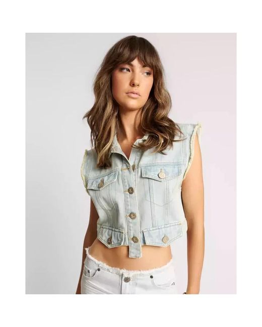 One Teaspoon Jassen ,Blauw ,Denim Blauwe Denim Vest Distressed Logo in het Blue