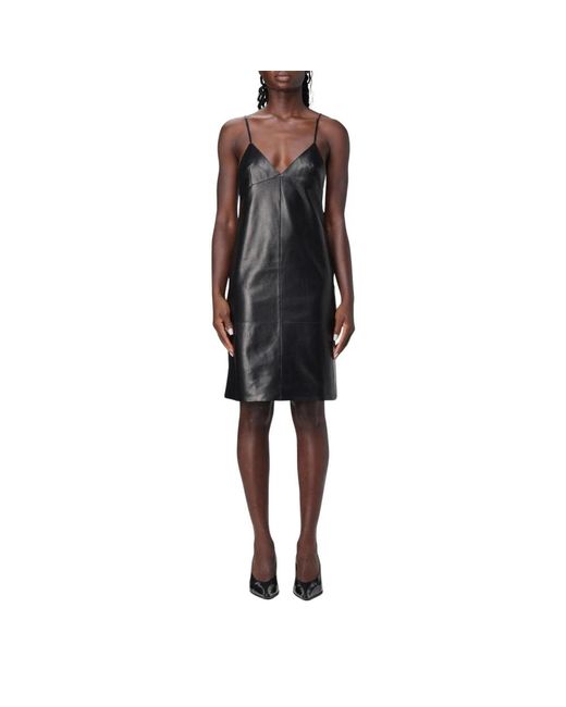 Saint Laurent Zwarte Leren Slip Dress Met V-Hals in het Black