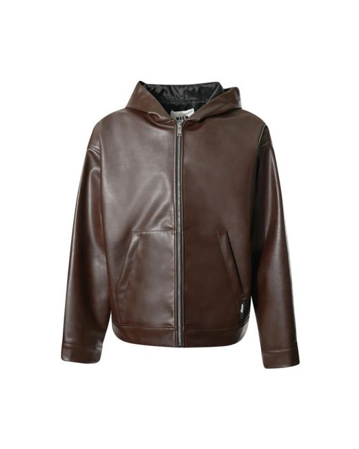 MSGM Jassen ,Bruin ,Leer Textured Faux Leather Hooded Jacket in het Brown voor heren