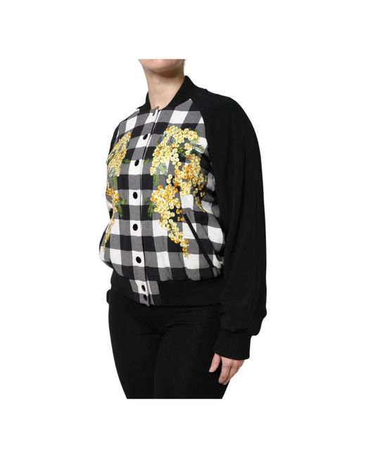 Dolce & Gabbana Jassen ,Veelkleurig ,Zwart Wit Geruit Bloemen Knoop Down Jas in het Black