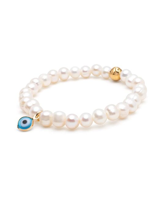 Nialaya Metallic Wristband with pearls and blue evil eye charm