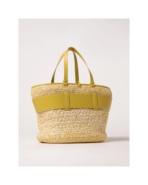 ARMANI EXCHANGE Metallic Gelbe Stroh-Tote-Tasche Mit Lederbesatz