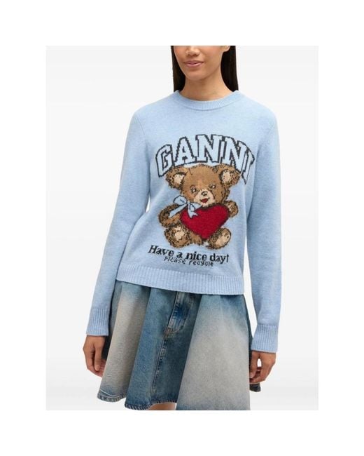 Ganni Blue Round-Neck Knitwear