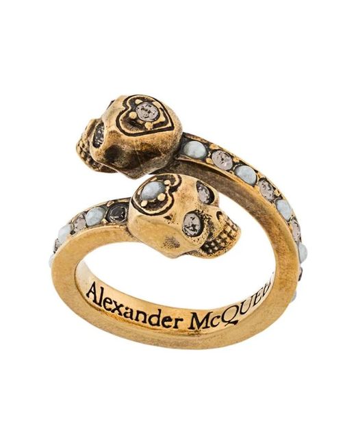 Alexander McQueen Metallic Goldener skull wrap-around ring mit perlen und swarovski kristallen